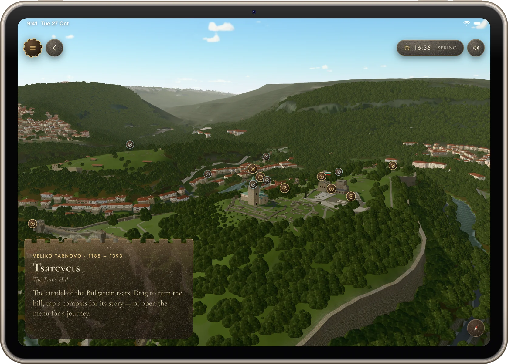 Tsarevets 3D on an iPad: the fortress hill from the sky, its walls, the cathedral on the summit and the town beyond