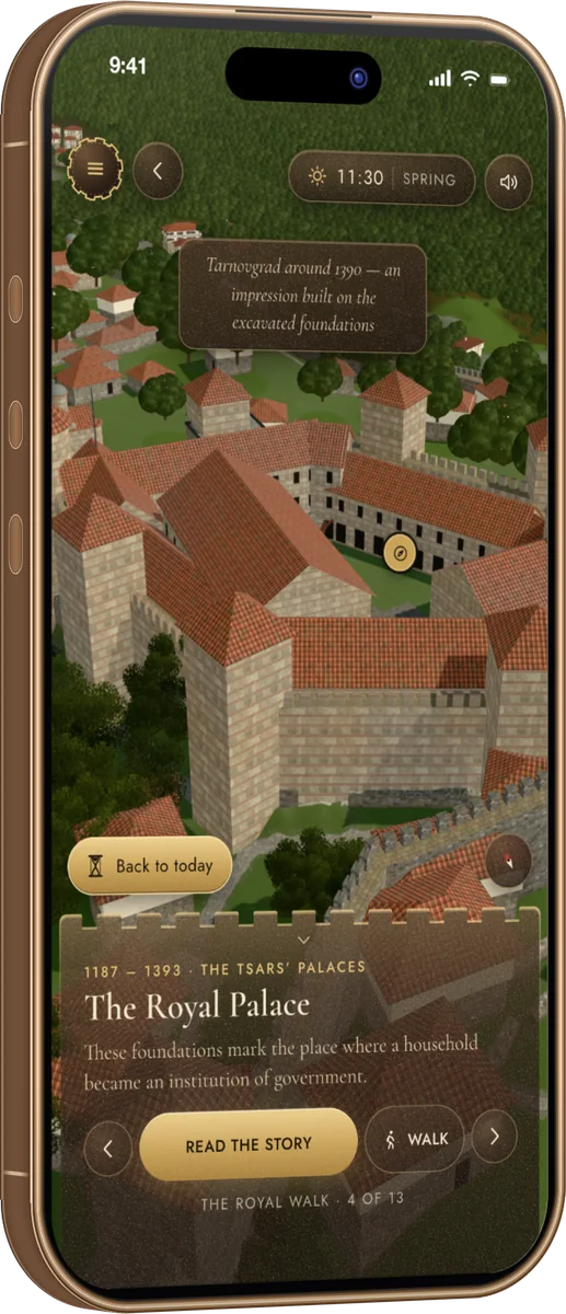 The Royal Palace as it may have stood in 1390, its towers and halls risen over the foundations