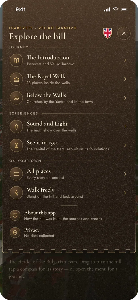 The menu: the Introduction, the Royal Walk, Below the Walls, Sound and Light, See it in 1390, All places and Walk freely