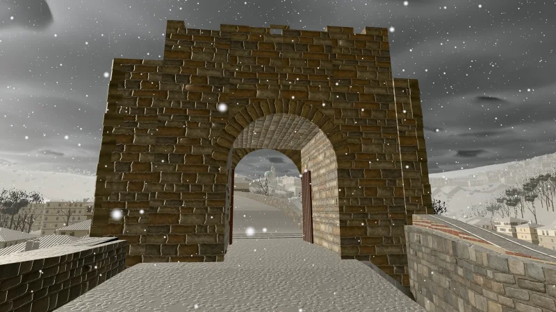 Snow falling on the Main Gate, the bridge white